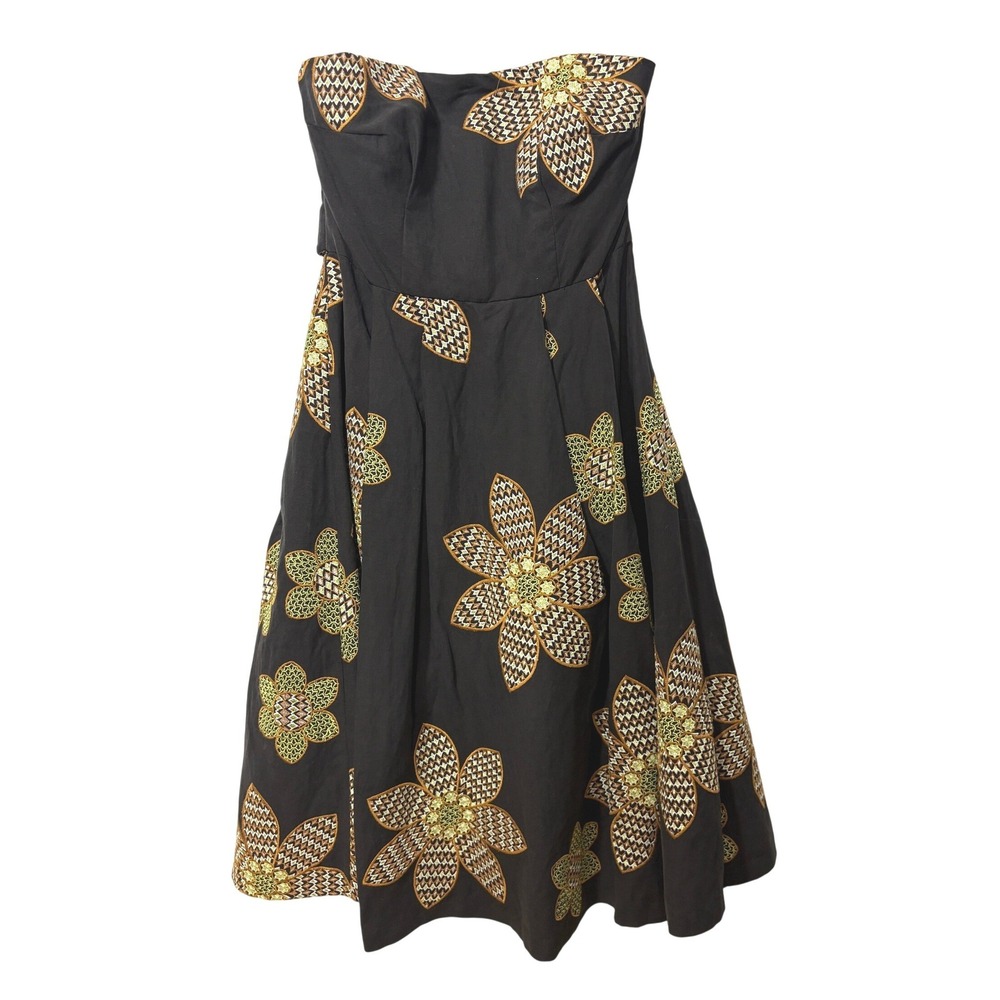 Tracy Reese Black Embroidered Floral Strapless Midi Dress with Sash Size 4 - Picture 2 of 5